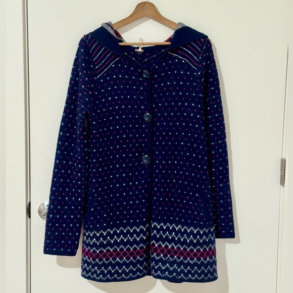 Free People Wool Blend Hooded Sweater Cardigan Coat Fair Isle Nordic L - Picture 2 of 7